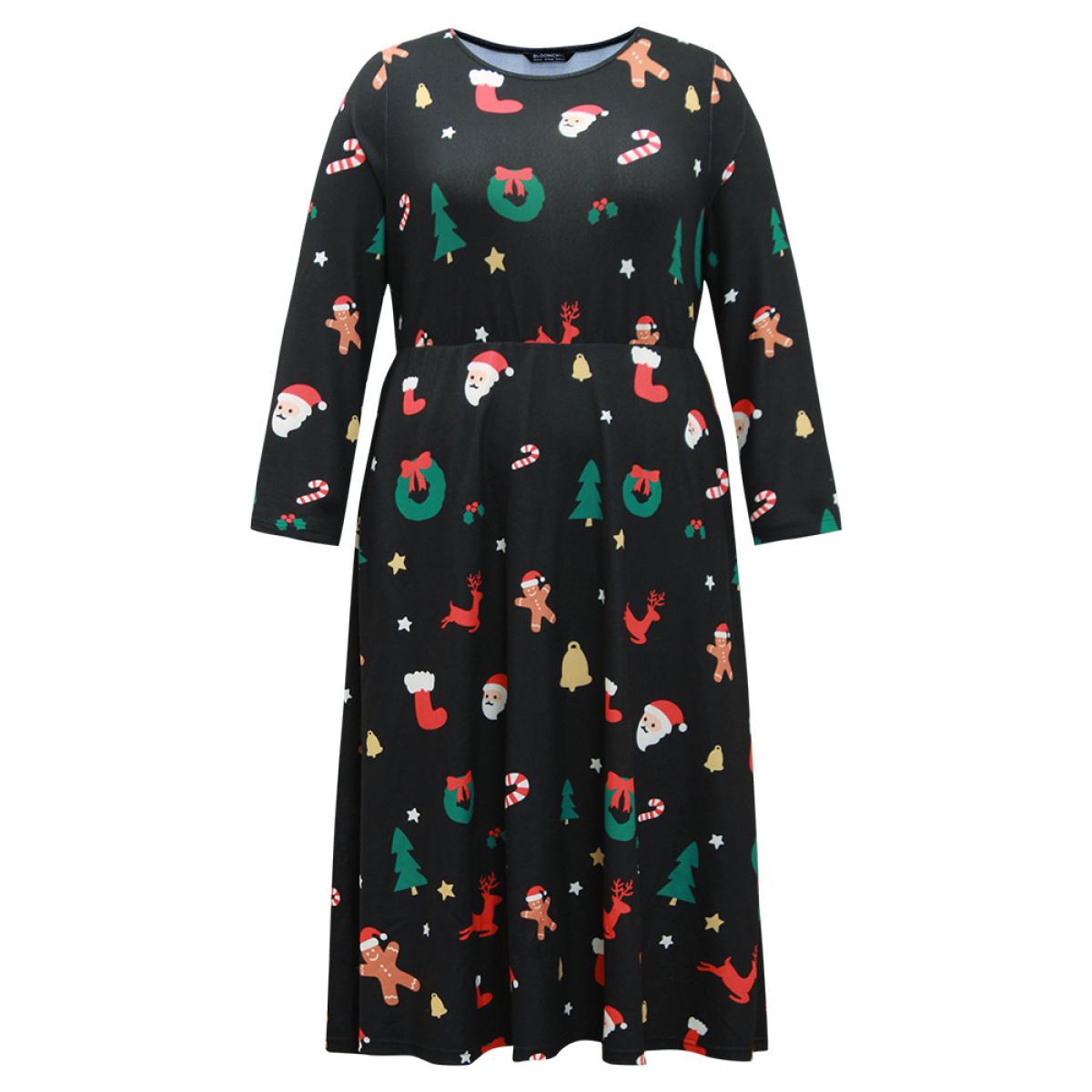 Plus Size Christmas Print Pocket Elastic Waist Dress Multicolor Women Casual Printed Round Neck Long Sleeve Curvy Midi Dress BloomChic 22-24/3X Product Image