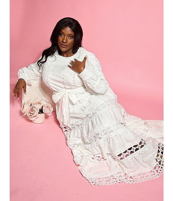 Layered With Love Plus Size Crew Neck Long Sleeve Bow Waist Detail Crochet Trim A-Line Dress Product Image