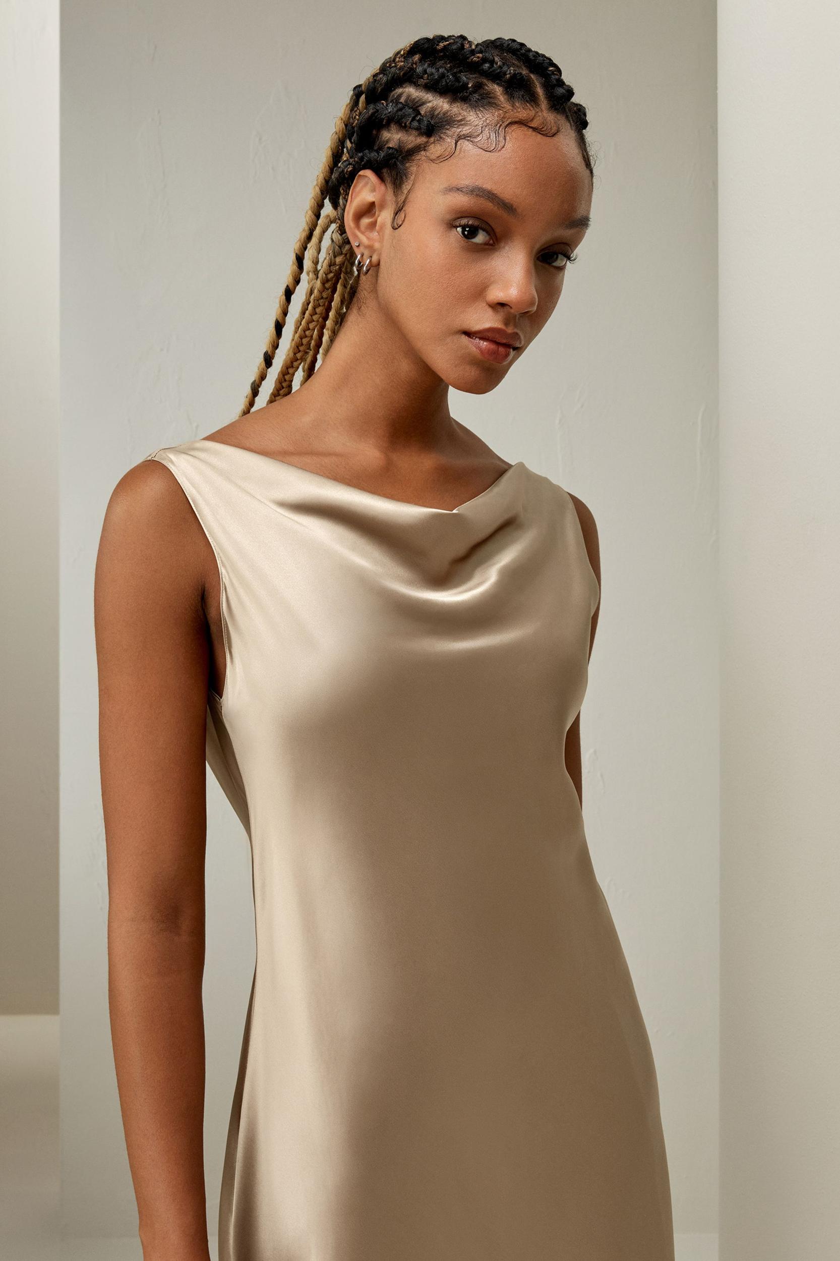 Cowl-Neck Watershine Silk Midi Dress Product Image