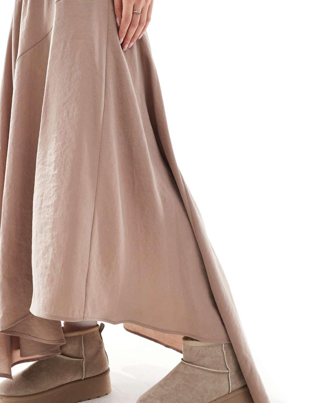 ASOS DESIGN asymmetric midi skirt in cupro in brown Product Image