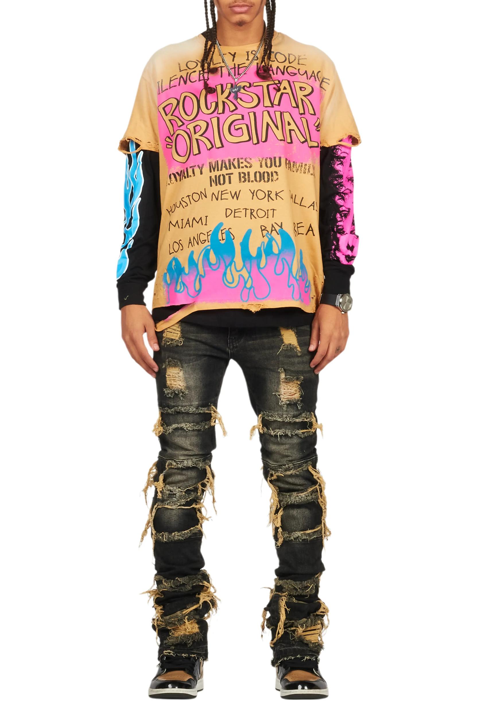 Beno Beige/Black Double Layer Long Sleeve Graphic T-Shirt Male Product Image