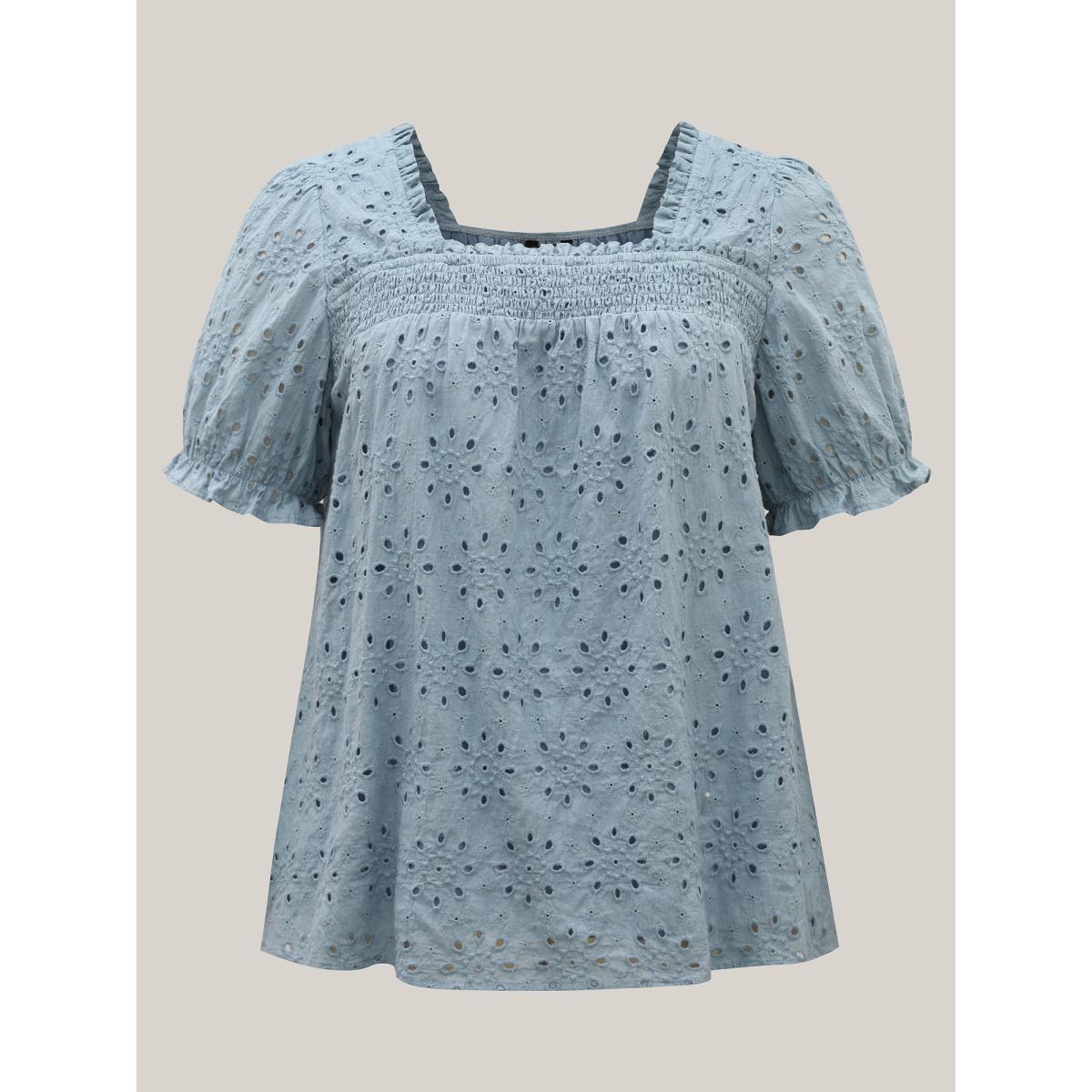 Plus Size Stone Eyelet Trim Shirred Neck Puffy Sleeve Blouse Women Short sleeve Square Neck Vacation Blouses BloomChic 26/4X Product Image
