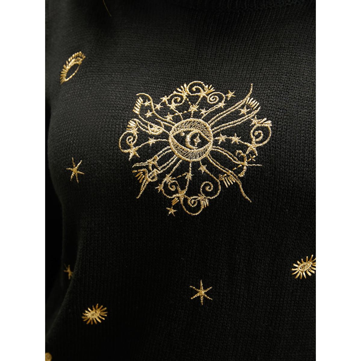 Plus Size Halloween Moon And Star Pointelle Knit Embroidered Knit Top Black Women Casual Loose Long Sleeve Round Neck Festival-Halloween Pullovers BloomChic 14-16/1X Product Image