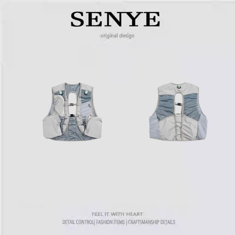 V-Neck Panel Mesh Crop Buckle Cargo Vest Product Image