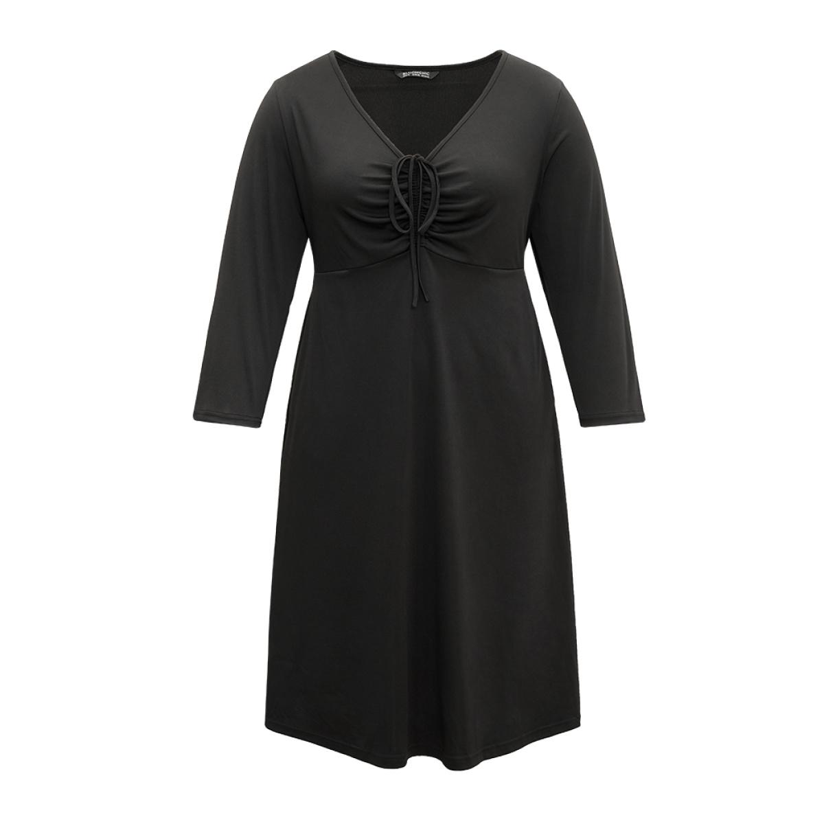 Plus Size Solid Ruched Pocket Elastic Waist Ties Dress Black Women Workwear Essentials Gathered Tie Neck Long Sleeve Curvy Midi Dress BloomChic 14-16/1X Product Image