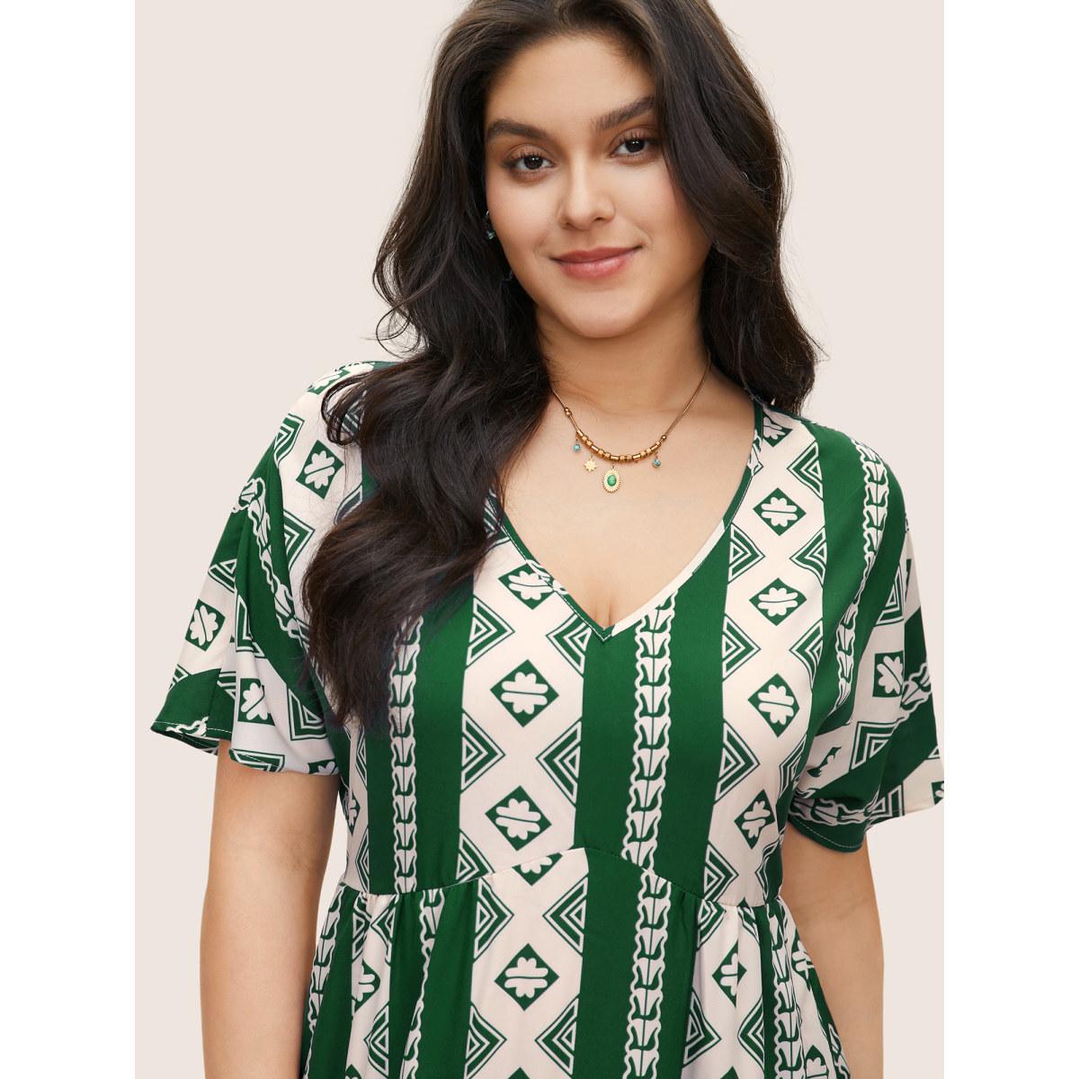 Plus Size Bandana Print Patchwork Elastic Waist Dress DarkGreen Women Resort Non V-neck Short sleeve Curvy Midi Dress BloomChic 18-20/2X Product Image