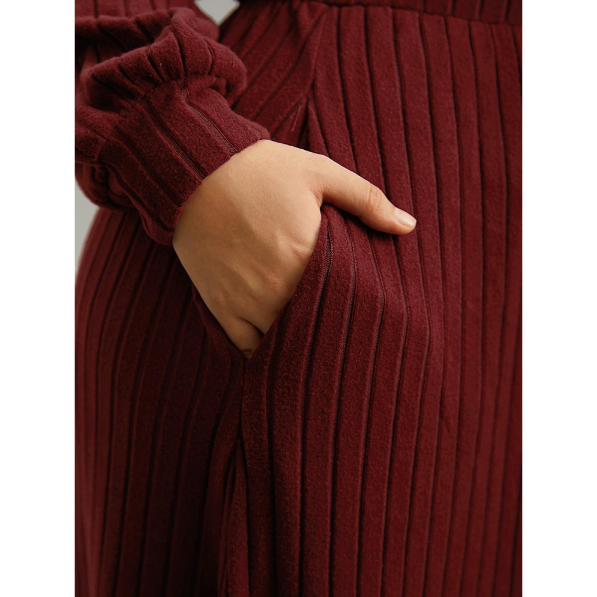 Plus Size Solid Rib Knit Pocket Elastic Waist Dress Scarlet Women Casual Texture V-neck Long Sleeve Curvy Midi Dress BloomChic 12/L Product Image