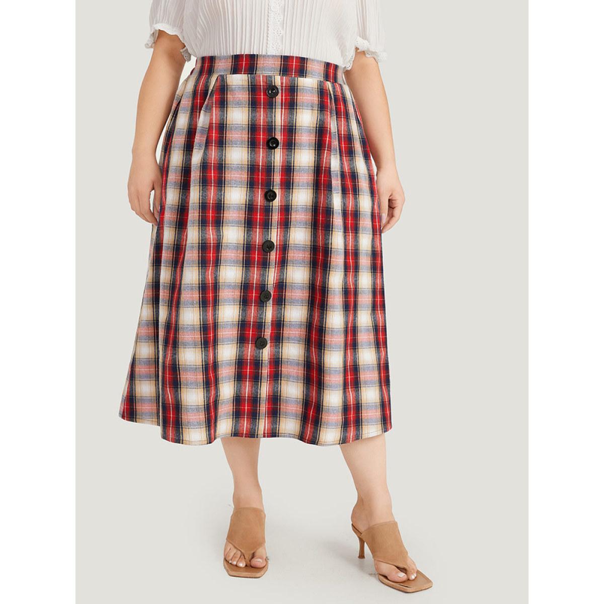Plus Size Plaid Wideband Waist Pleated Button Detail Skirt Women Raspberry Office Button Loose No stretch Pocket Office Skirts BloomChic 28/5X Product Image