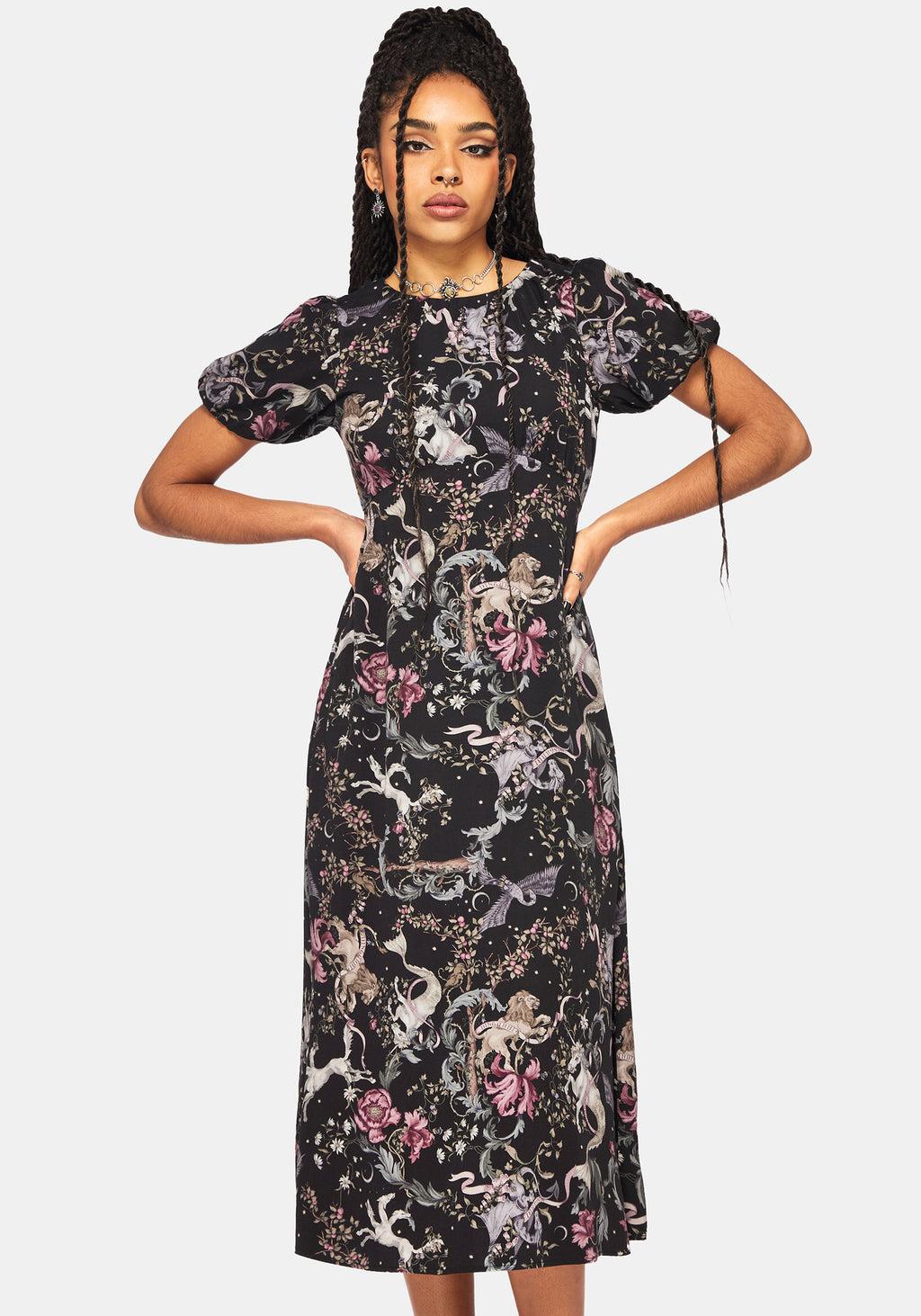 Merunicorn Enchanted Forest Print Puff Sleeve Midi Dress Product Image
