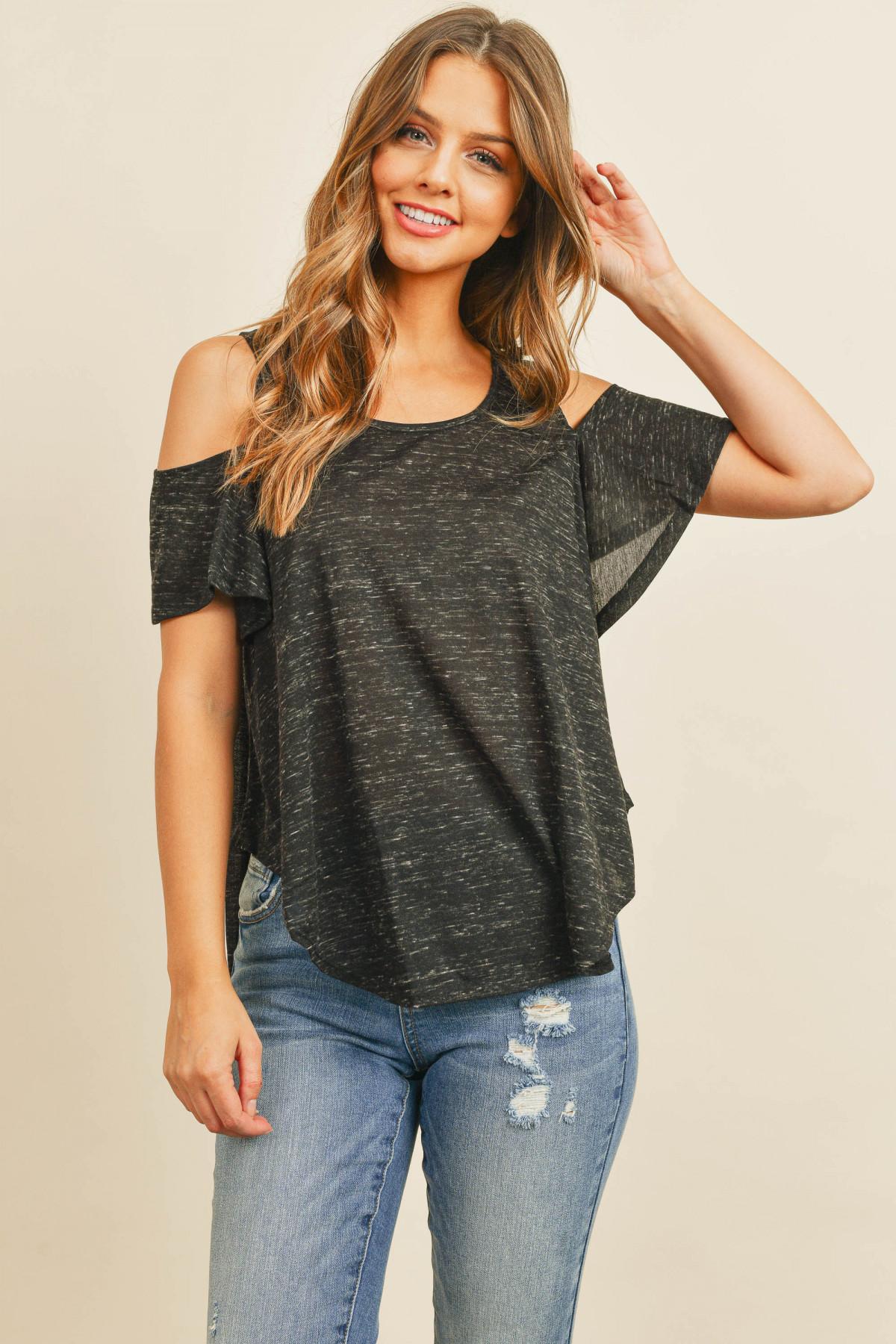 cold shoulder scoop neck curved hem top Product Image