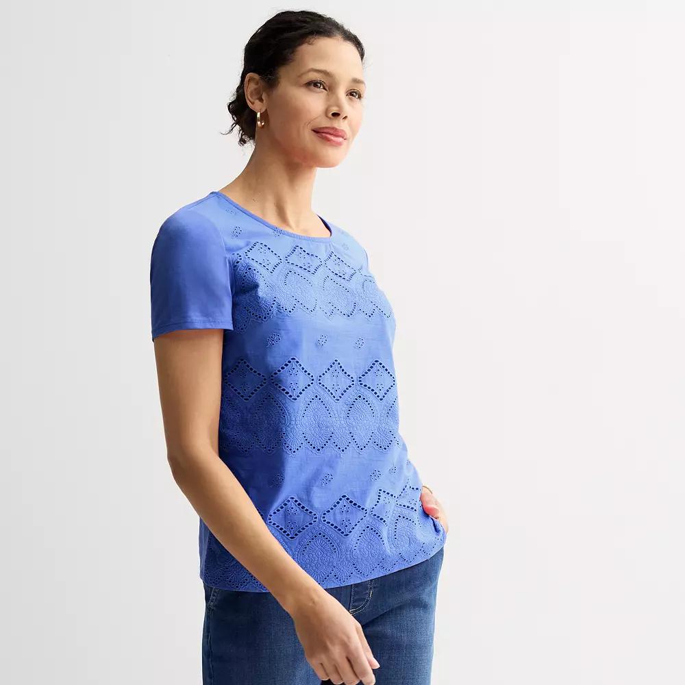 Women's Croft & Barrow® Knit Tee With Eyelet Overlay, Size: Small, Xander Purple Product Image