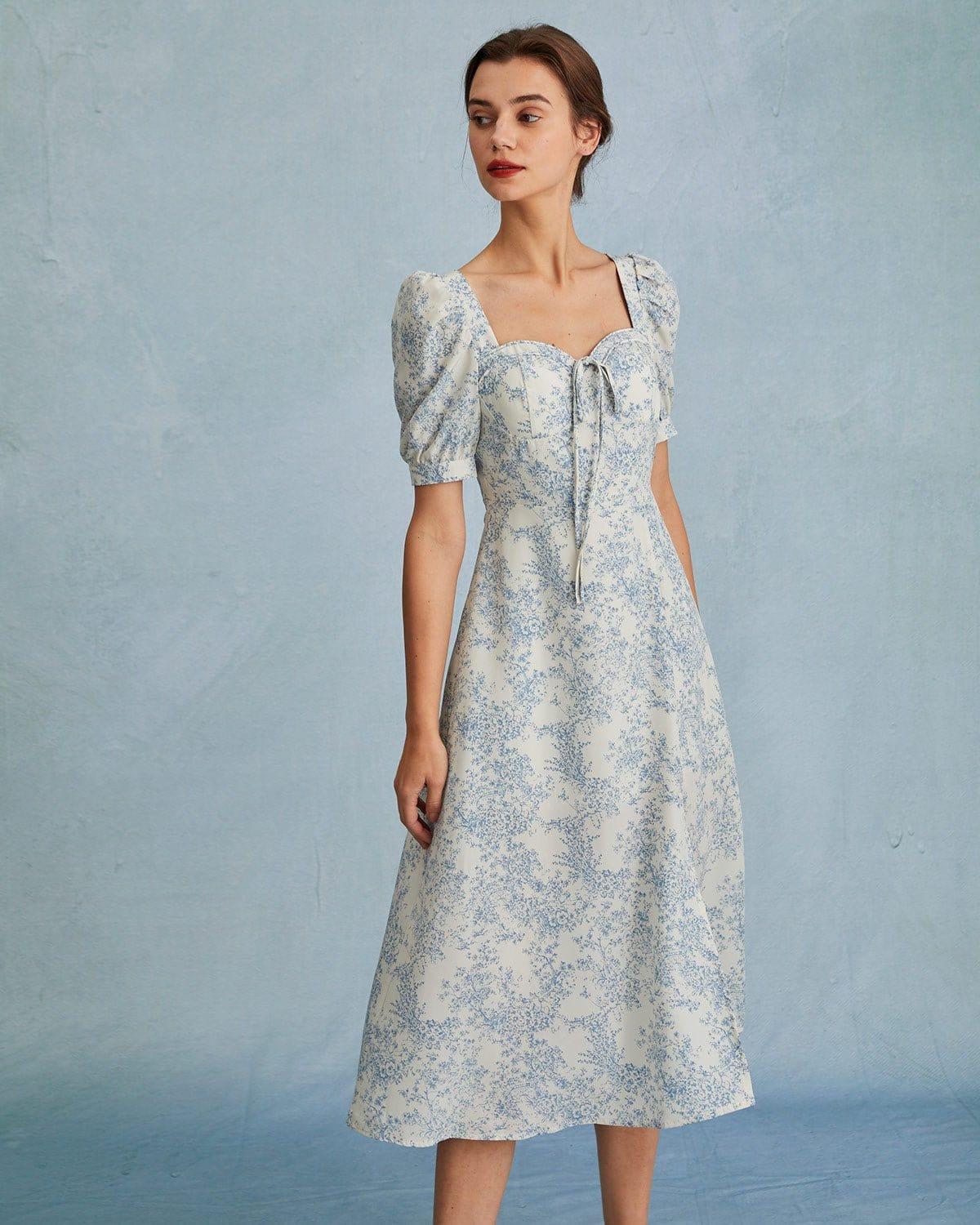 The Blue Sweetheart Neck Puff Sleeve Floral Midi Dress Product Image