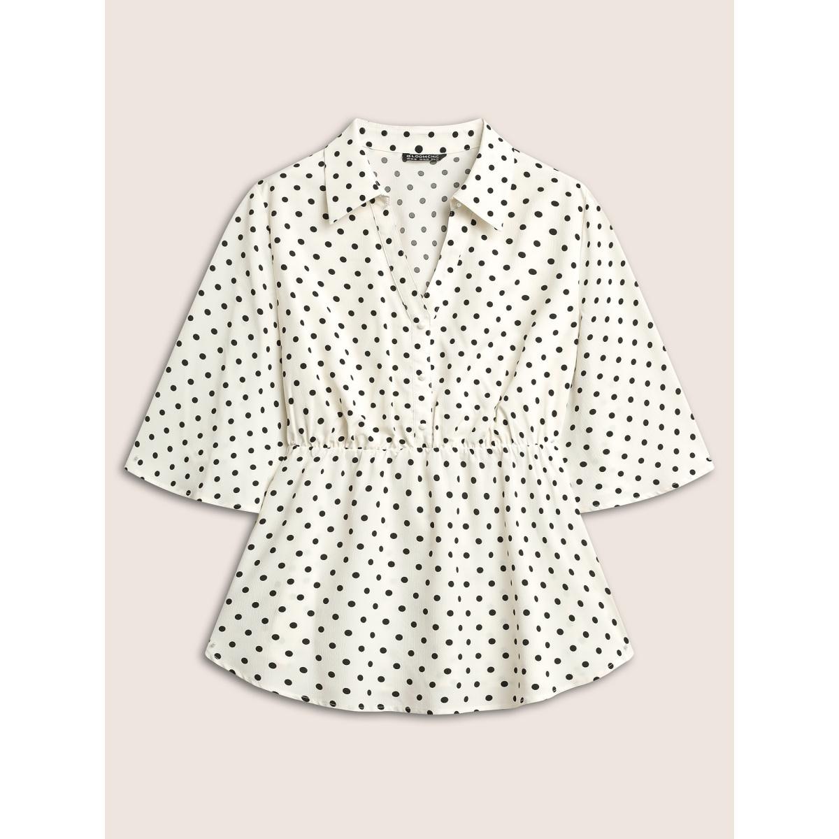 Plus Size Ivory Polka Dot Button Detail Arc Hem Blouse Women At the Office Elbow-length sleeve Shirt collar Work Blouses BloomChic 18-20/2X Product Image