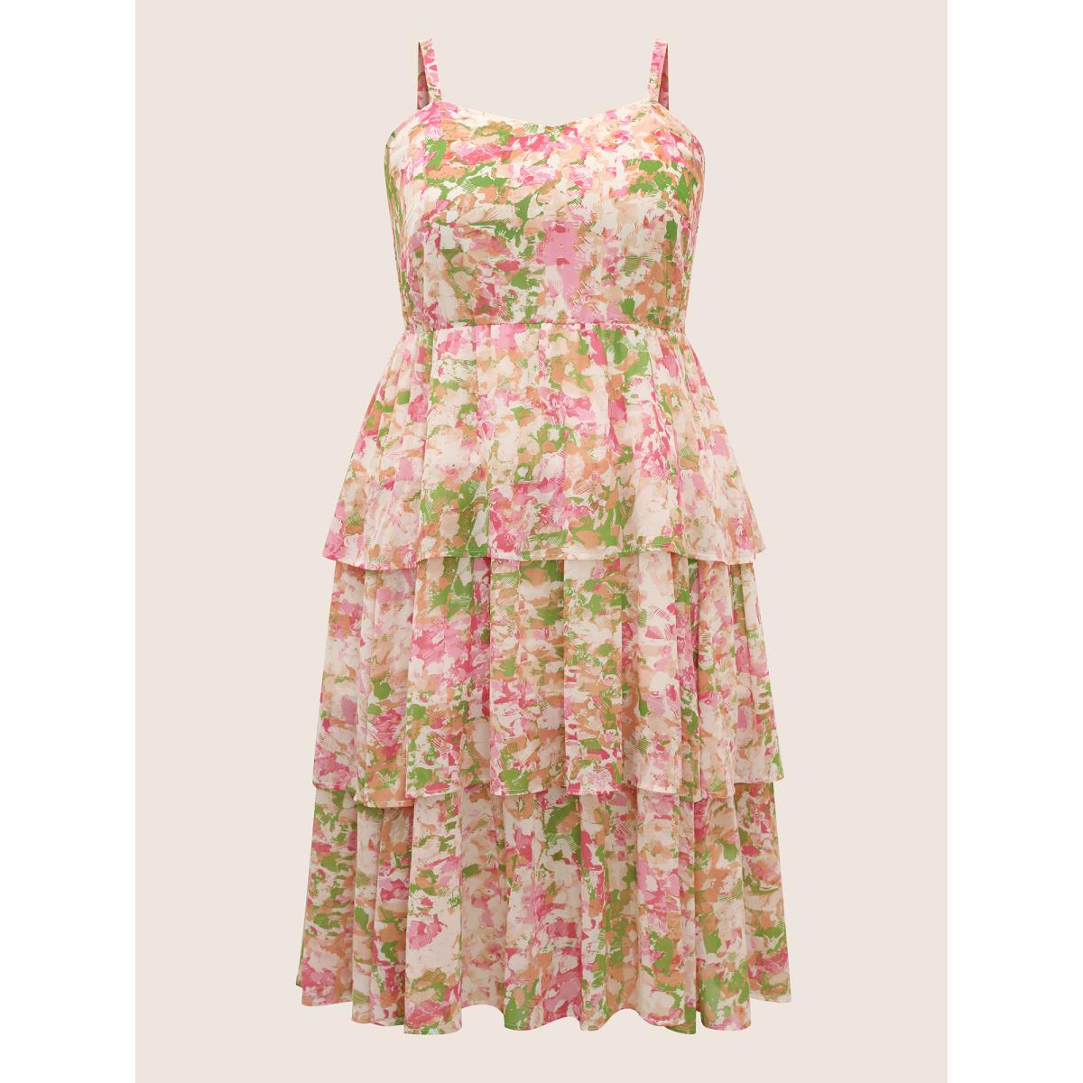 Plus Size Chiffon Floral Shirred Ruffle Layered Hem Dress Multicolor Women Elegant Shirred Non Sleeveless Curvy BloomChic 26/4X Product Image