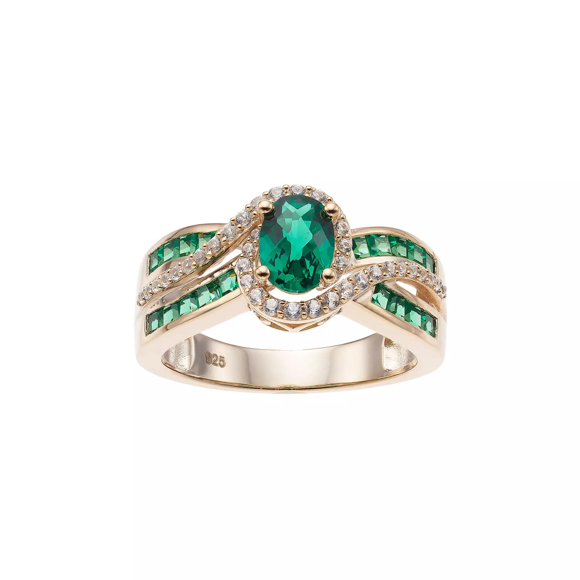 14k Gold Over Silver Lab-Created Emerald & White Sapphire Oval Halo Ring, Women's, Size: 6, Gold Tone Product Image