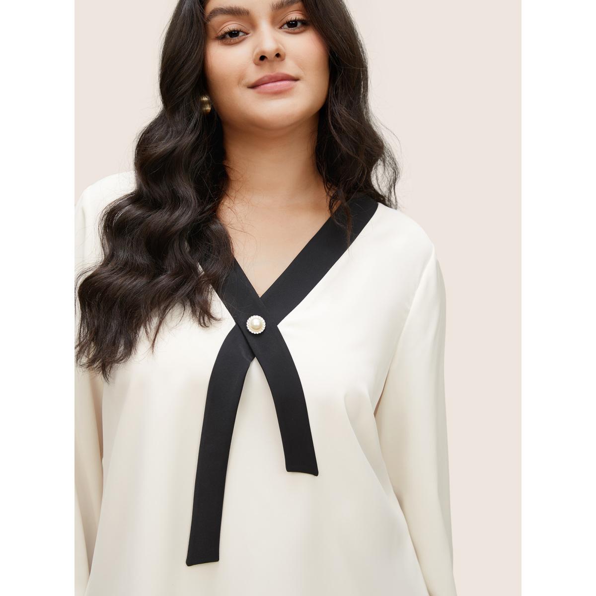 Plus Size Ivory Contrast Pearl Decor Tie Decoration Blouse Women At the Office Long Sleeve V-neck Work Blouses BloomChic 18-20/2X Product Image
