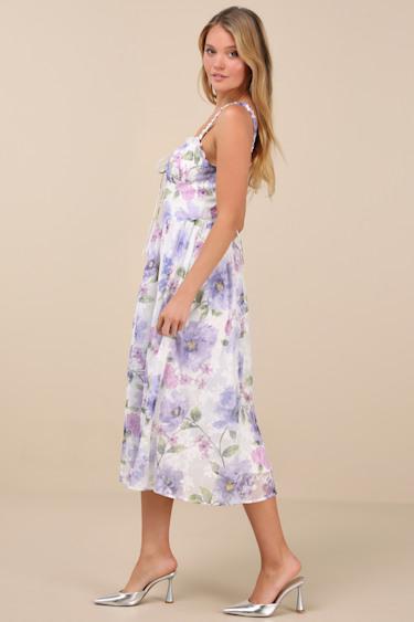 Hillela Ivory Floral Ruffled Lace-Up Midi Skater Dress Product Image