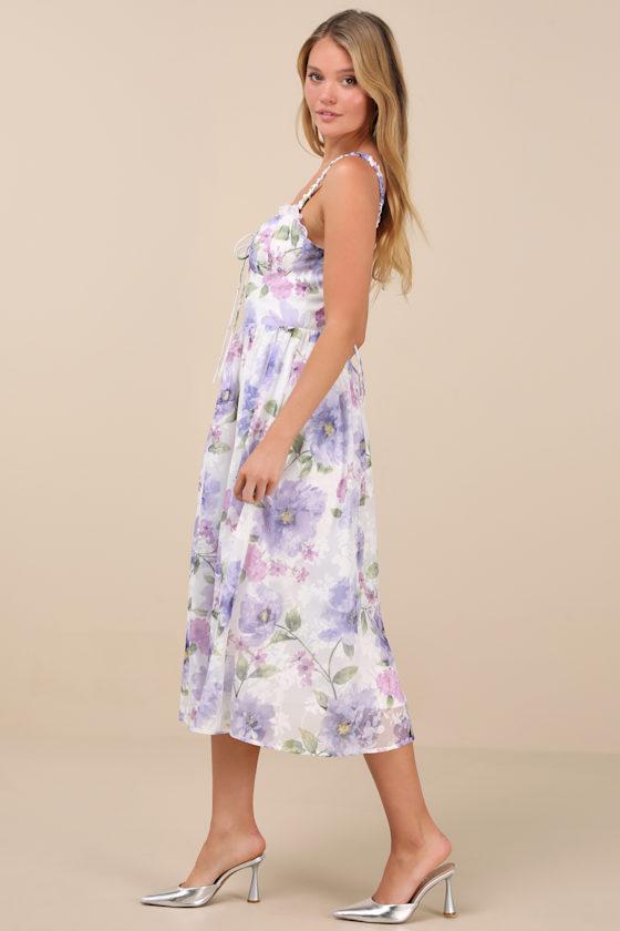 Hillela Ivory Floral Ruffled Lace-Up Midi Skater Dress Product Image