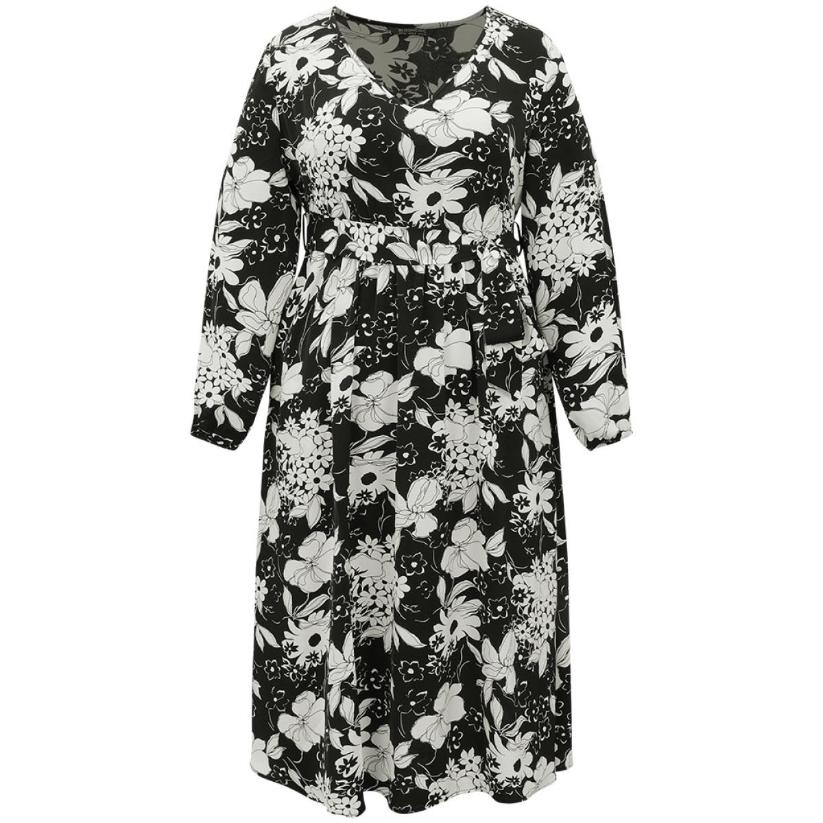 Plus Size Floral Belted V Neck Lantern Sleeve Dress Black Women Casual Elastic cuffs V-neck Long Sleeve Curvy Midi Dress BloomChic 12/L Product Image