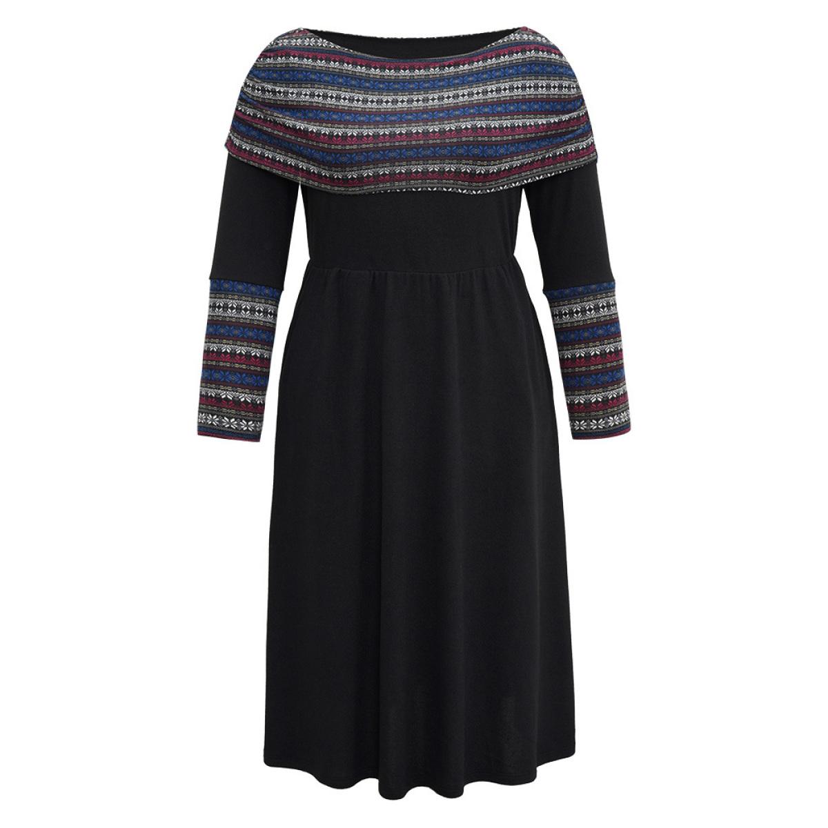 Plus Size Boat Neck Striped Contrast Gathered Dress Black Women Office Gathered Boat Neck Long Sleeve Curvy Midi Dress BloomChic 10/M Product Image