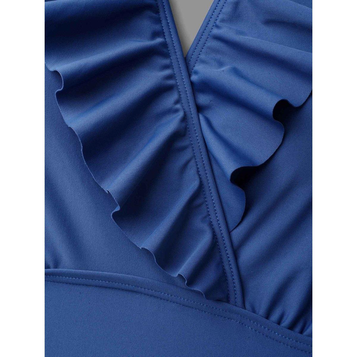 Plus Size Ruffle Trim Patchwork Mesh Swim Dress Women's Swimwear Mediumblue Beach Bodycon Overlap Collar High stretch Curve Swim Dresses BloomChic 12/L Product Image