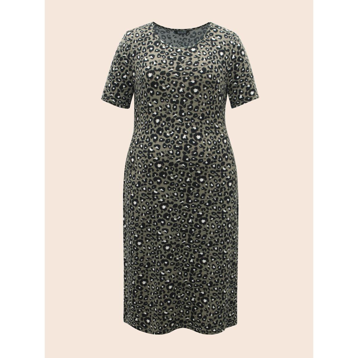 Plus Size Round Neck Leopard Print Midi Dress Sage Women Casual Non Round Neck Short sleeve Curvy BloomChic 14-16/1X Product Image