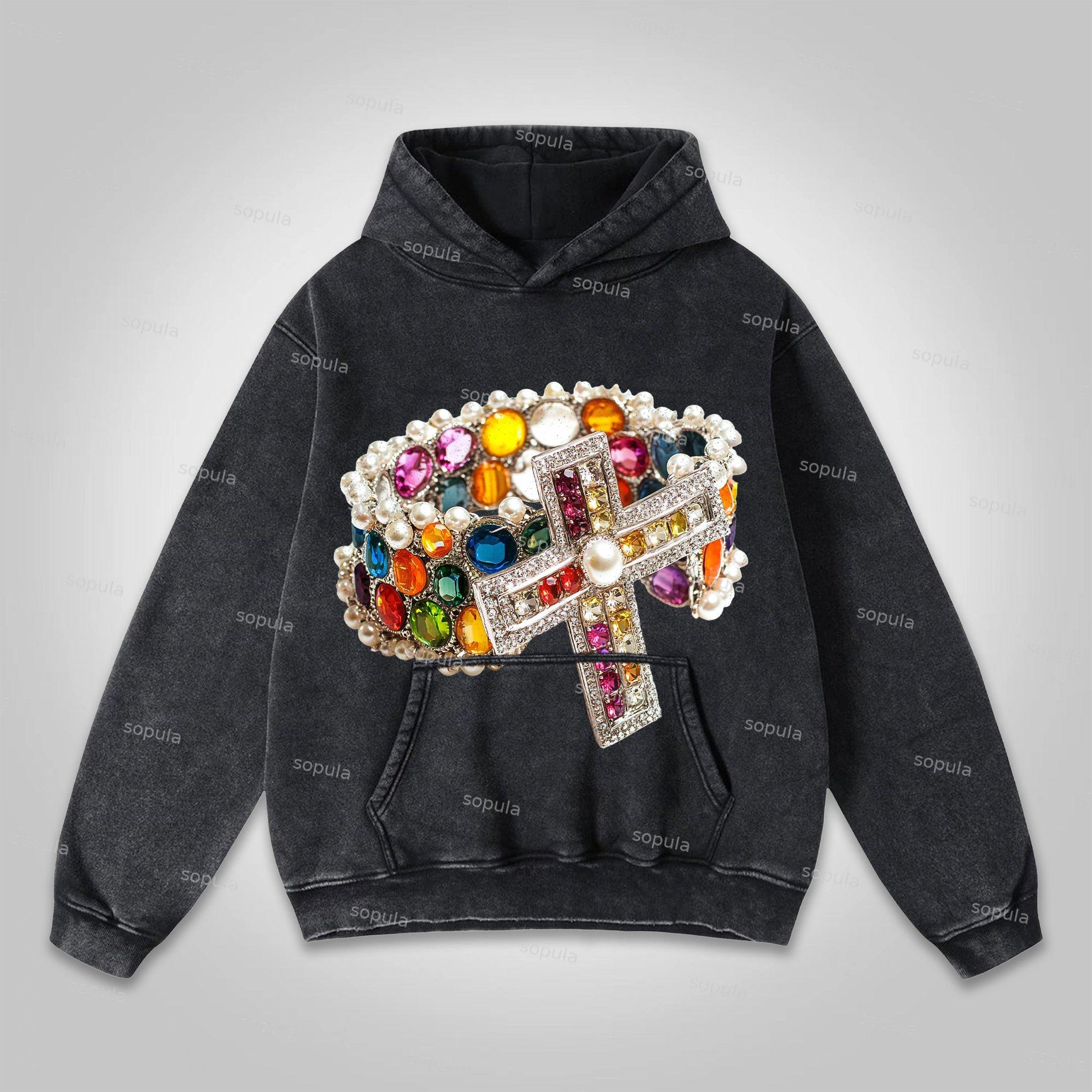 Sopula Vintage Diamond Cross Graphic Washed Hoodie Product Image