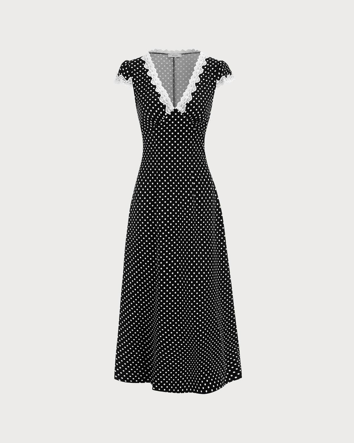 Black Polka Dot Lace Trim Maxi Dress Product Image