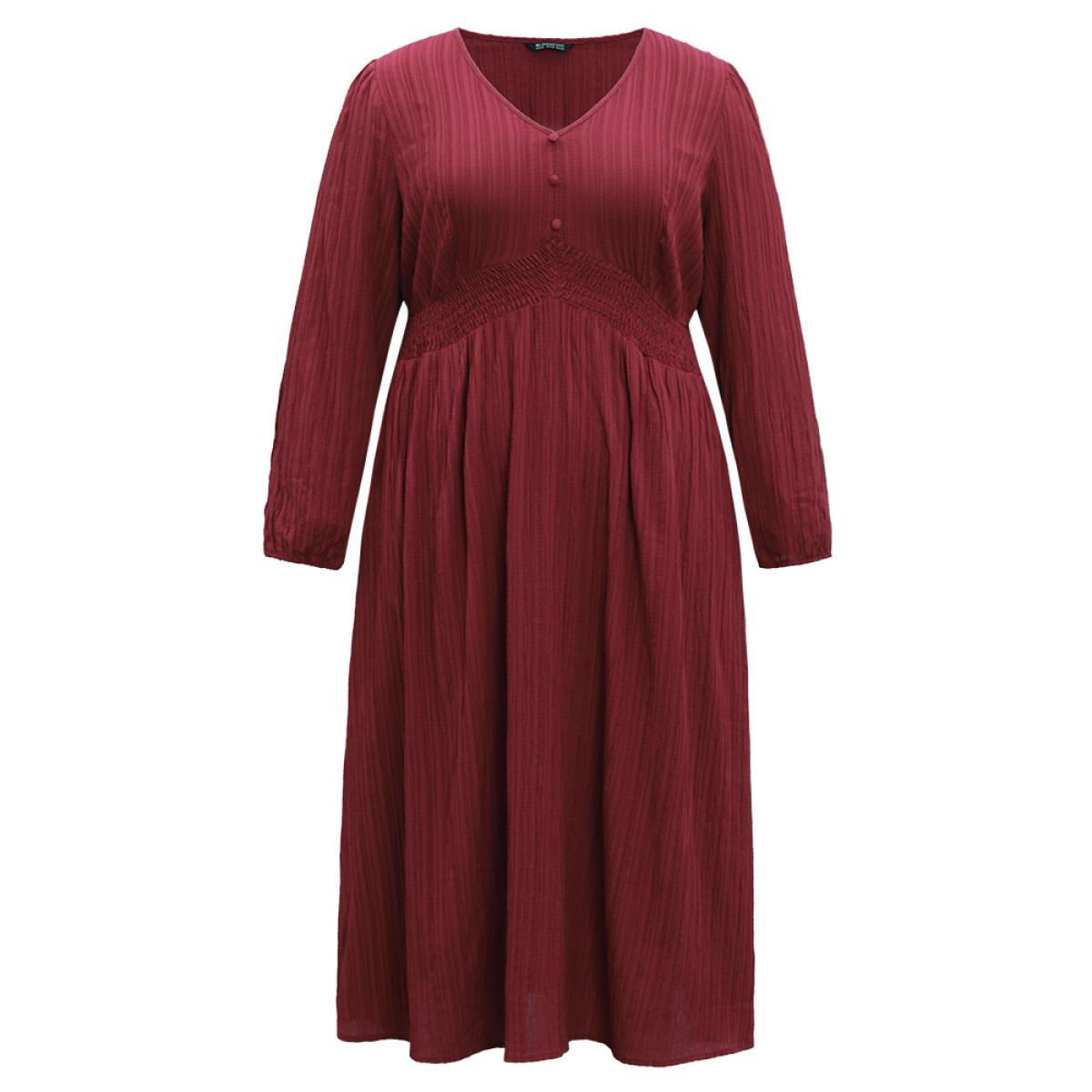 Plus Size Solid Plisse Button Detail Shirred Dress Scarlet Women Elegant Elastic cuffs V-neck Long Sleeve Curvy Midi Dress BloomChic 22-24/3X Product Image