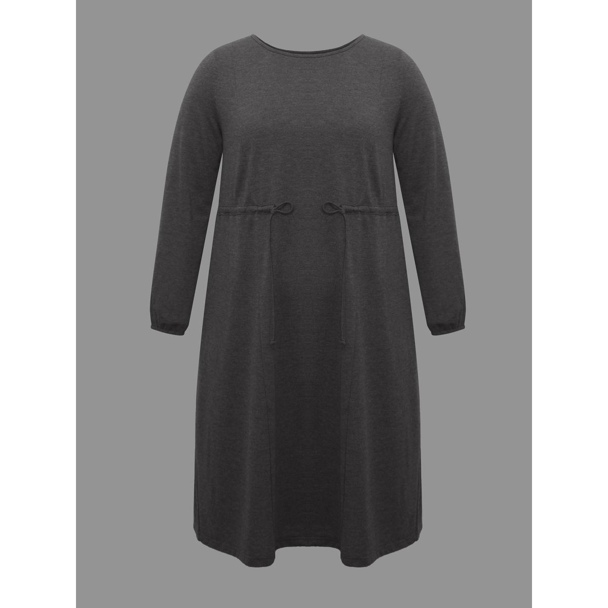 Plus Size Elastic Waist Tie Round Neck Knit Midi Dress DarkGray Women Casual Drawstring Knit Dresses Bloomchic 26/4X Product Image