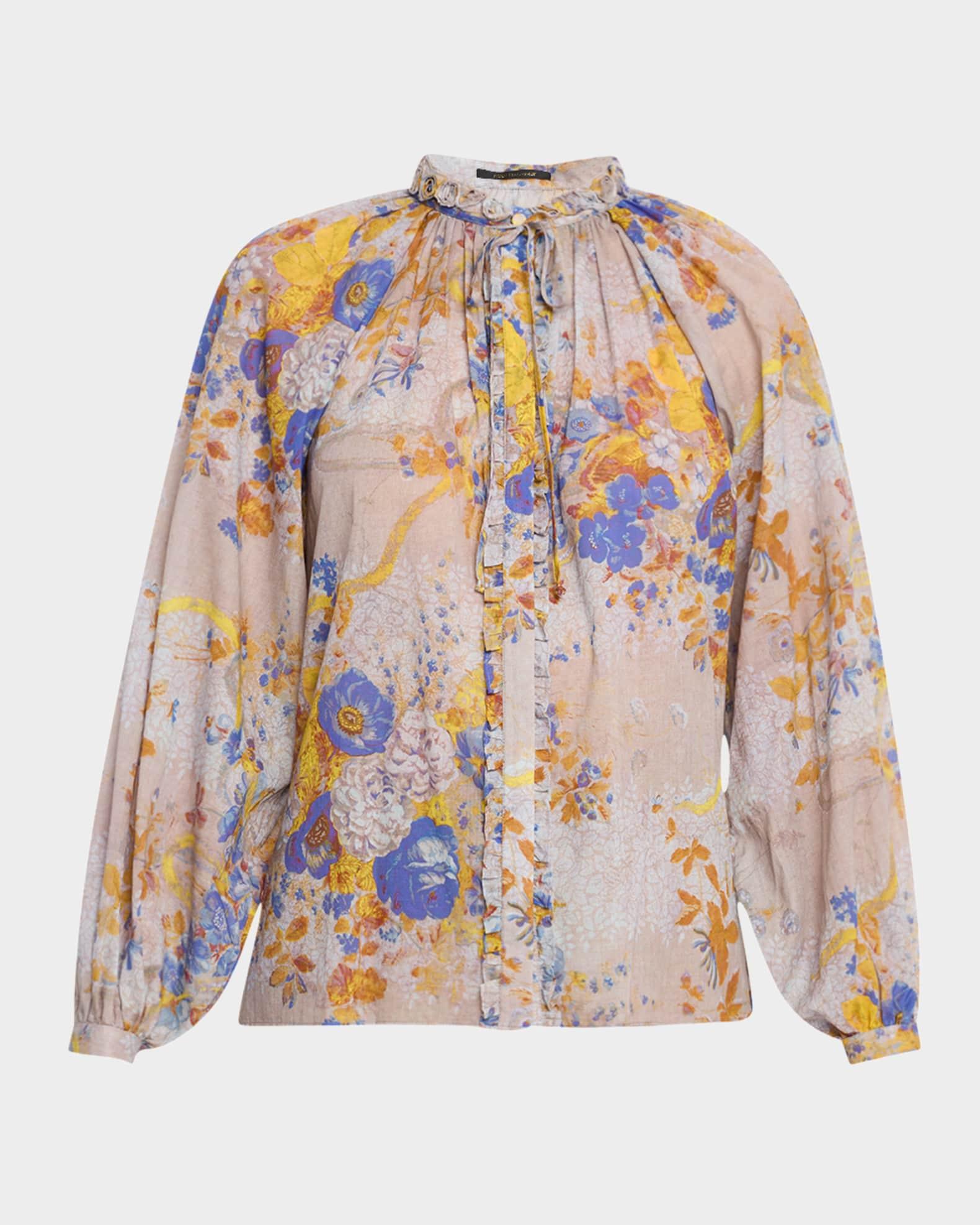 Janice Ruffled Tie-Neck Floral Cotton Blouse Product Image