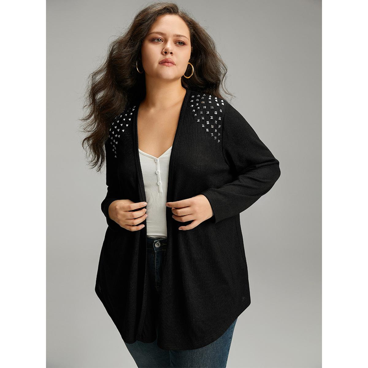 Plus Size Plain Rivets Detail Open Front Asymmetrical Hem Kimono Women Black Work From Home Texture Work Kimonos BloomChic 12/L Product Image
