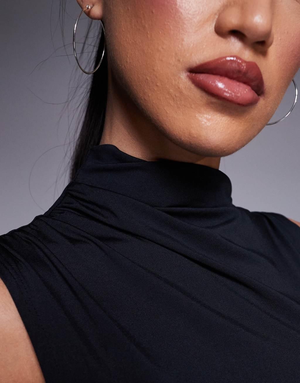 ASOS DESIGN grown on high neck gathered asymmetric hem top in black Product Image