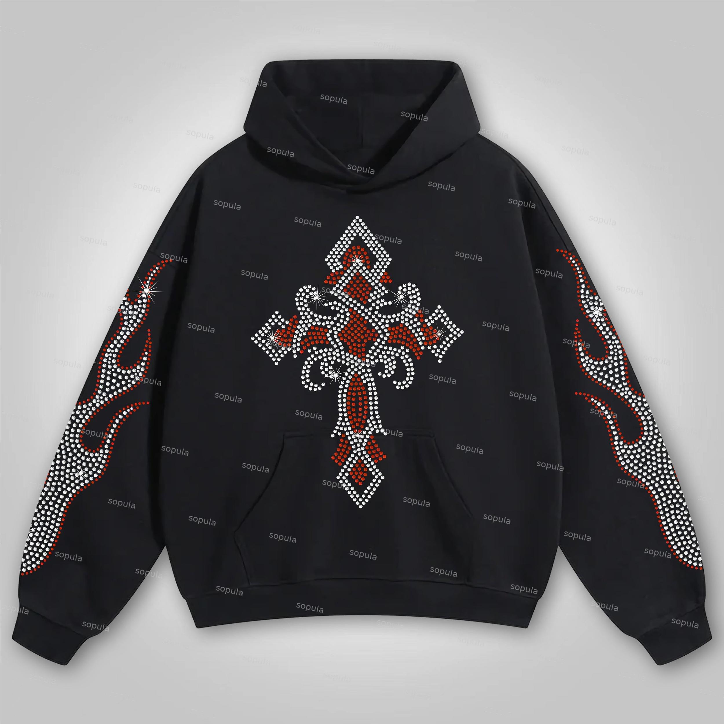 Sopula Vintage Cross Shining Diamond Flame Graphic Cotton Hoodie Product Image