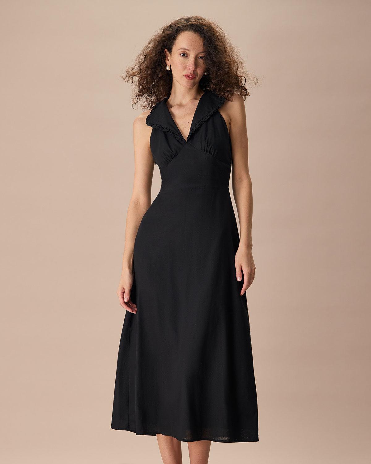 The Black Collared Frill Trim Linen Maxi Dress Product Image