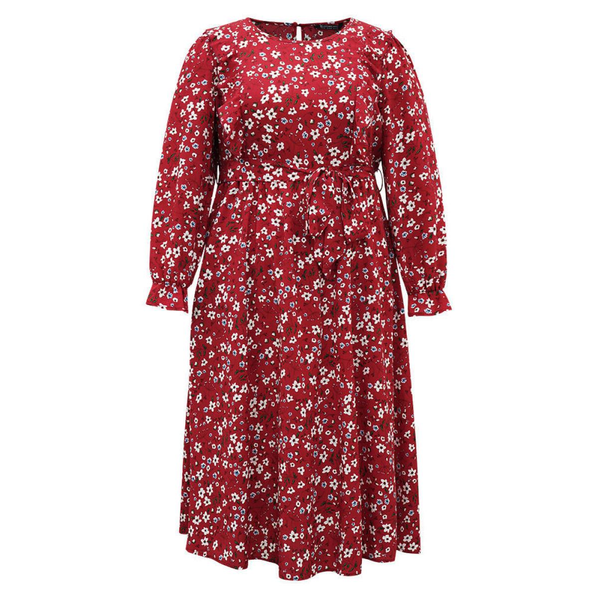 Plus Size Ditsy Floral Belted Ruffle Sleeve Dress Scarlet Women Elegant Belted Round Neck Long Sleeve Curvy Midi Dress BloomChic 28/5X Product Image
