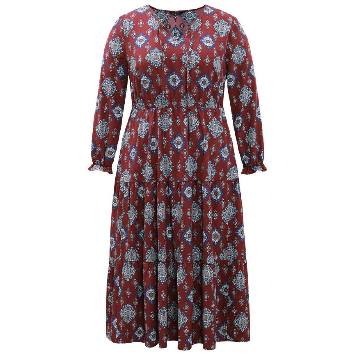 Plus Size Boho Print Knot Neck Pocket Lantern Sleeve Dress Scarlet Women Vacation Cross straps Tie Neck Long Sleeve Curvy Midi Dress BloomChic 12/L Product Image