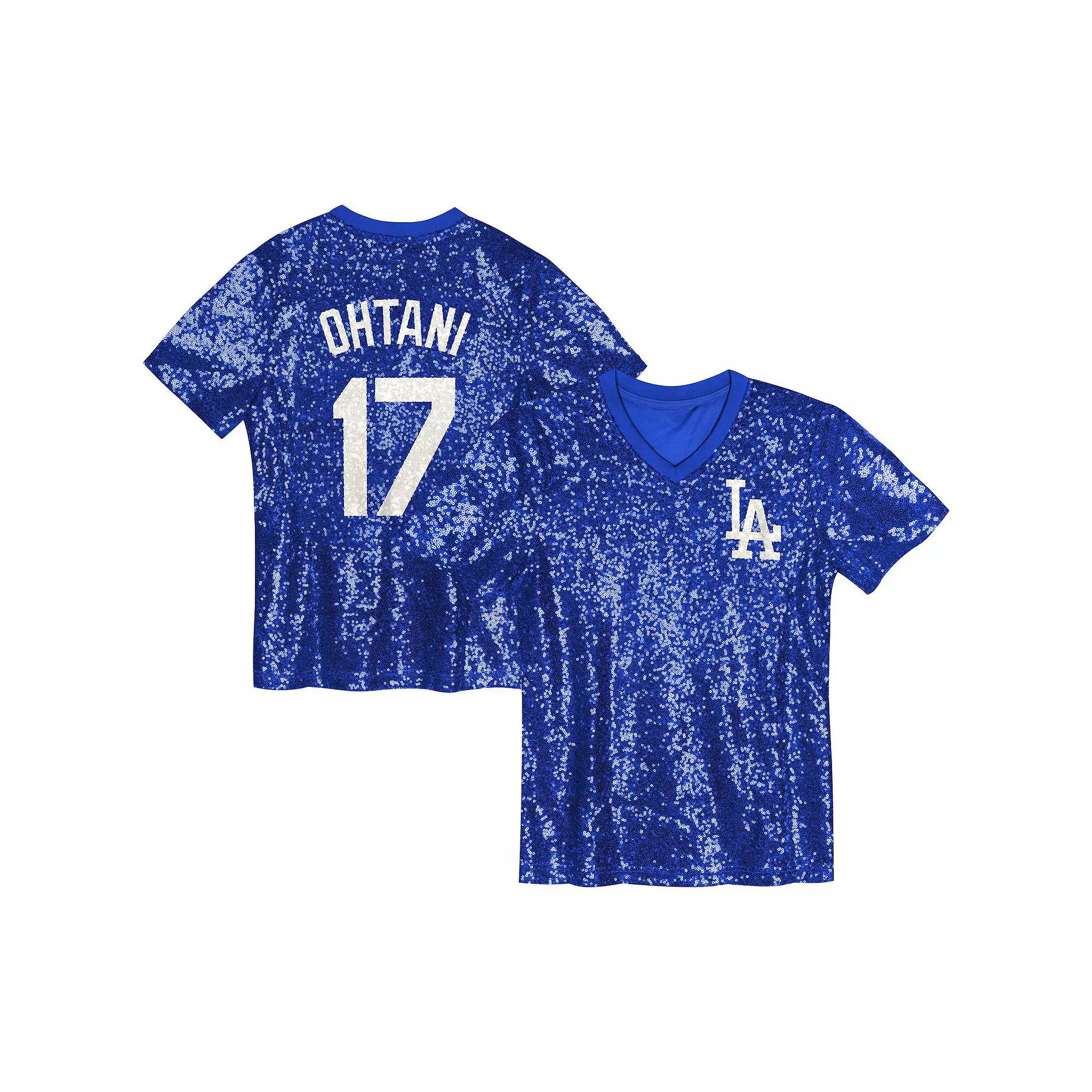 Juniors Shohei Ohtani Royal Los Angeles Dodgers Name & Number Sequin V-Neck Top, Women's,  Product Image