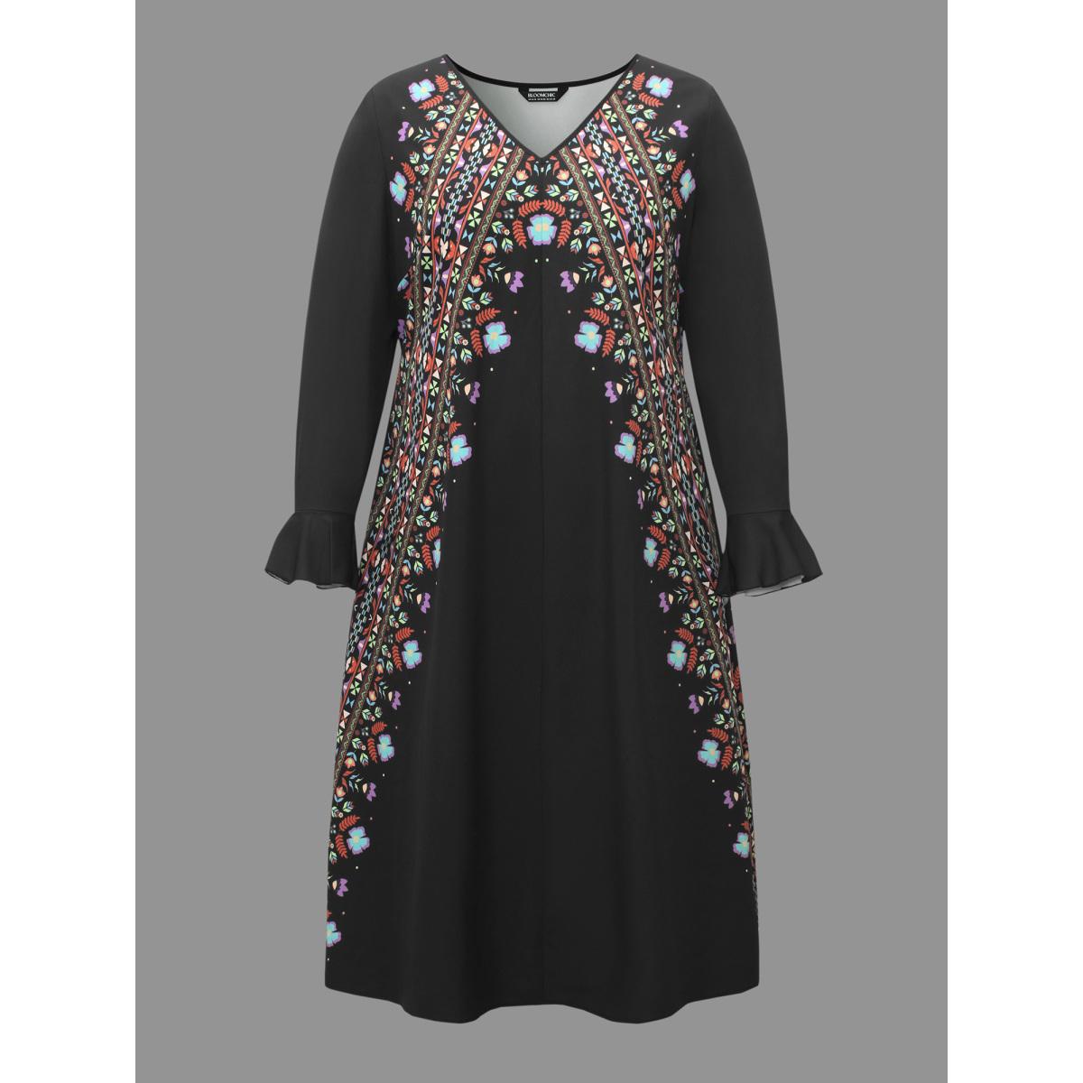 Plus Size Boho Print Ruffle Sleeve Midi Dress Black Women Resort Ruffles V-neck Long Sleeve Curvy BloomChic 18-20/2X Product Image