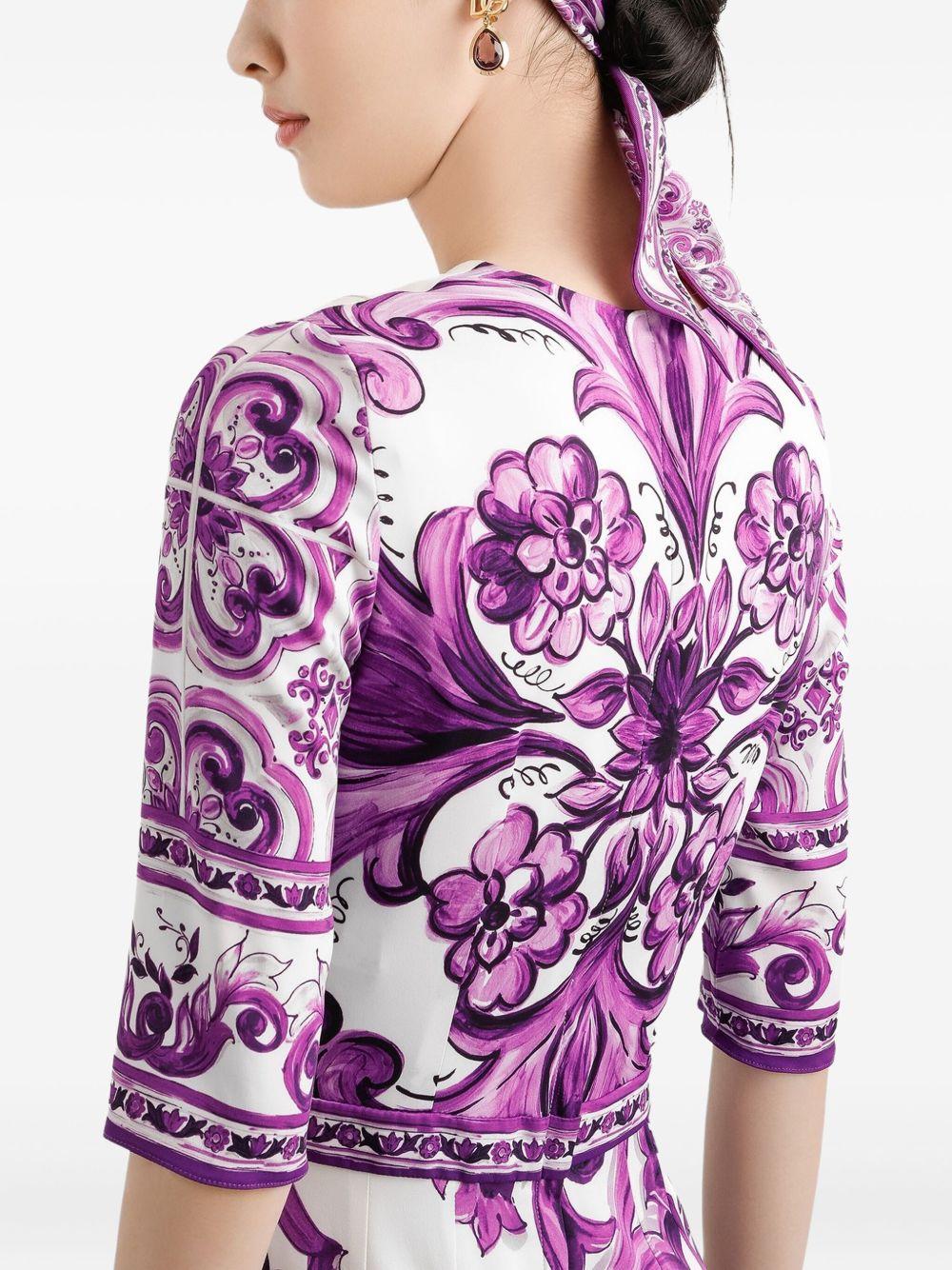 DOLCE & GABBANA Violet Crewneck Dress With Rear Zip Closure And All-over Floral Print In Silk Stretch Woman In Purple Product Image