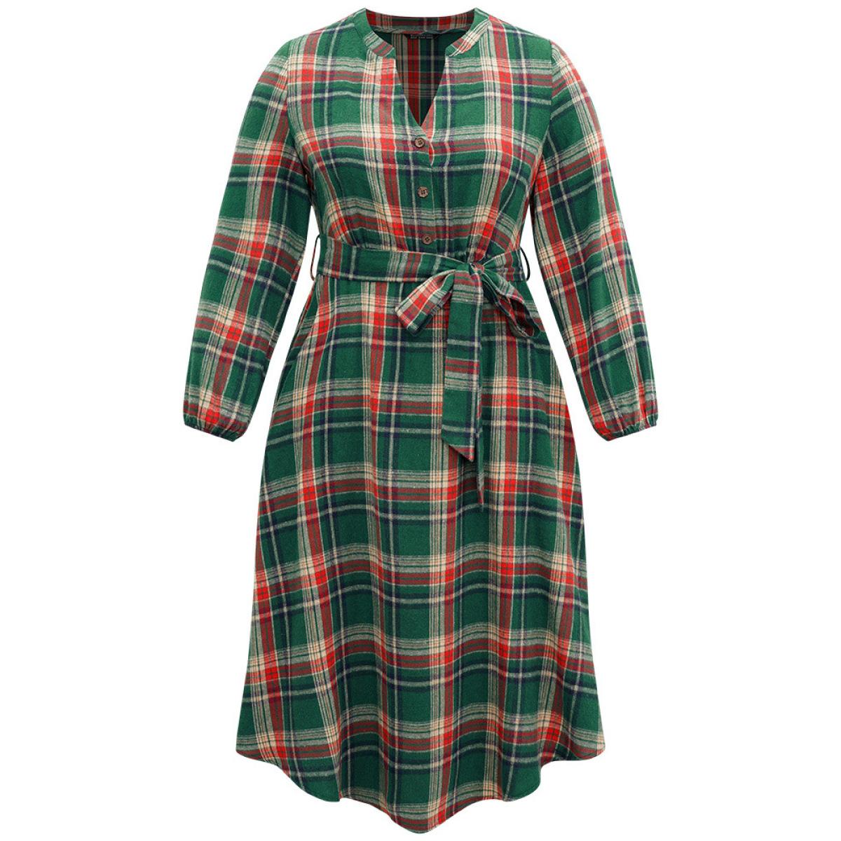 Plus Size Plaid Notched Belted Pocket Curved Hem Dress Emerald Women Office Elastic cuffs Notched collar Long Sleeve Curvy Midi Dress BloomChic 18-20/2X Product Image