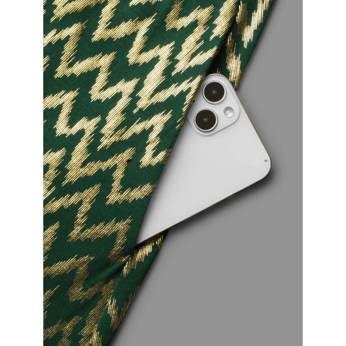 Plus Size Crew Neck Glitter Geometric Gathered Dress Emerald Women Cocktail Texture Round Neck Long Sleeve Curvy BloomChic 14-16/1X Product Image