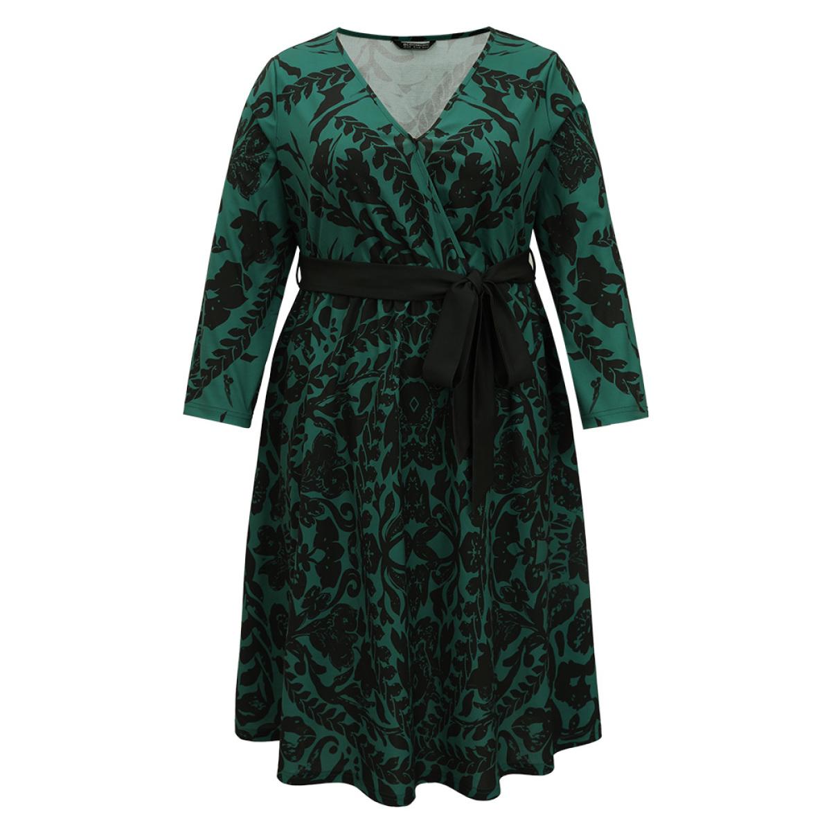 Plus Size Silhouette Floral Print Belted Wrap Dress Cyan Women Elegant Wrap Overlap Collar Long Sleeve Curvy Midi Dress BloomChic 14-16/1X Product Image