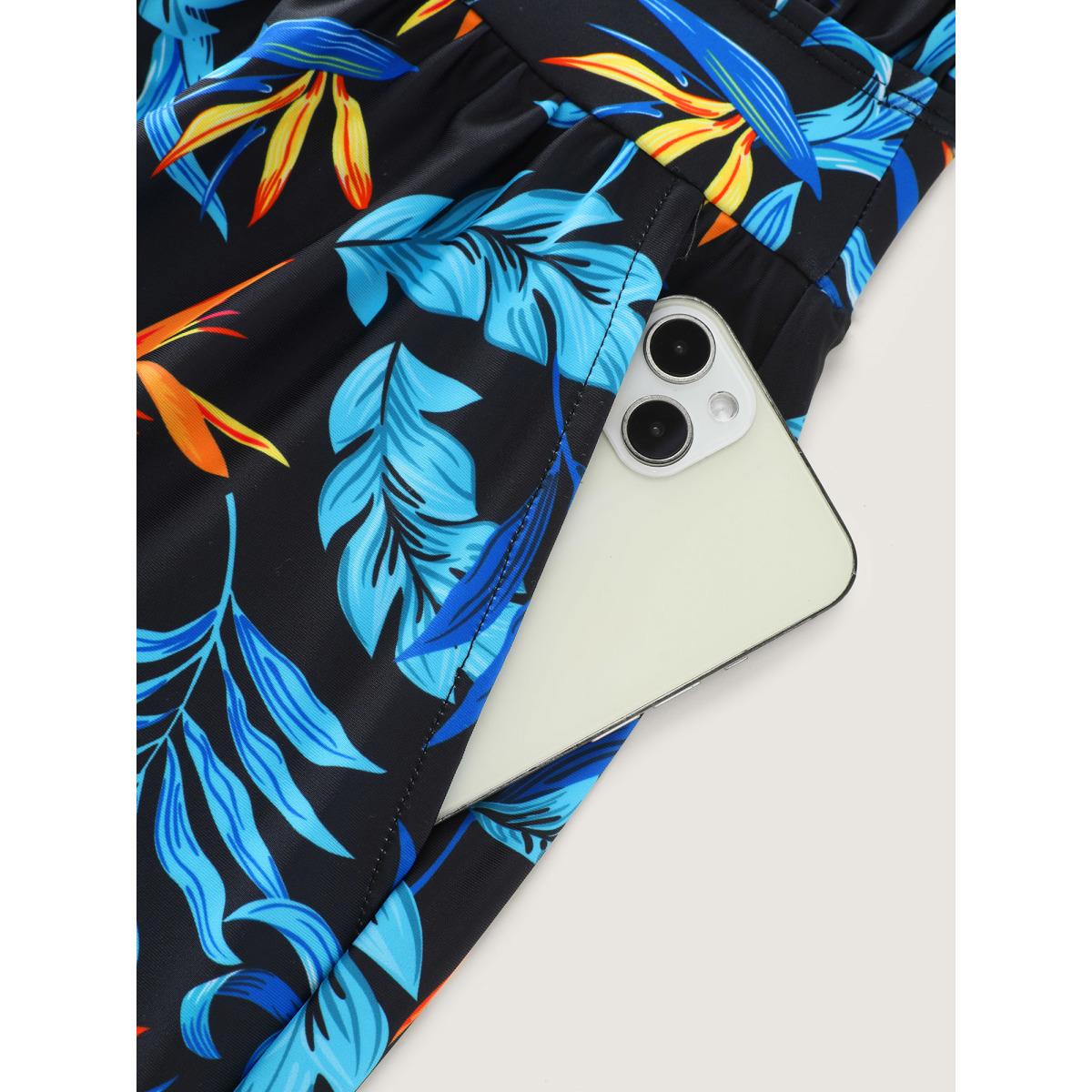 Plus Size Tropical Flower Print Pockets One-Piece Swimsuit Women's Swimwear BlackFlower Resort Gathered Curve Bathing Suits High stretch One Pieces BloomChic 12/L Product Image