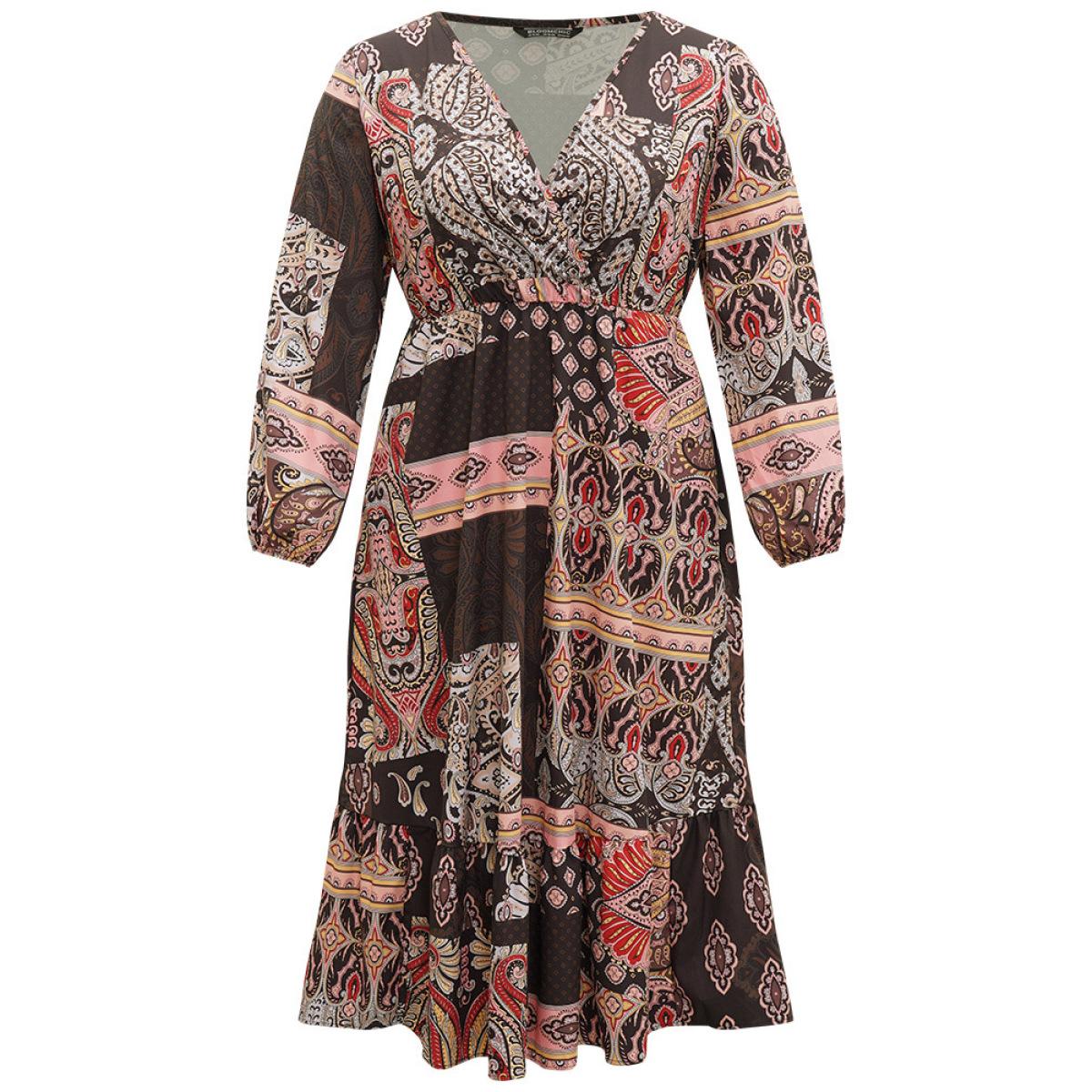 Plus Size Bandana Print Wrap Pocket Lantern Sleeve Dress Multicolor Women Vacation Elastic cuffs V-neck Long Sleeve Curvy Midi Dress BloomChic 12/L Product Image