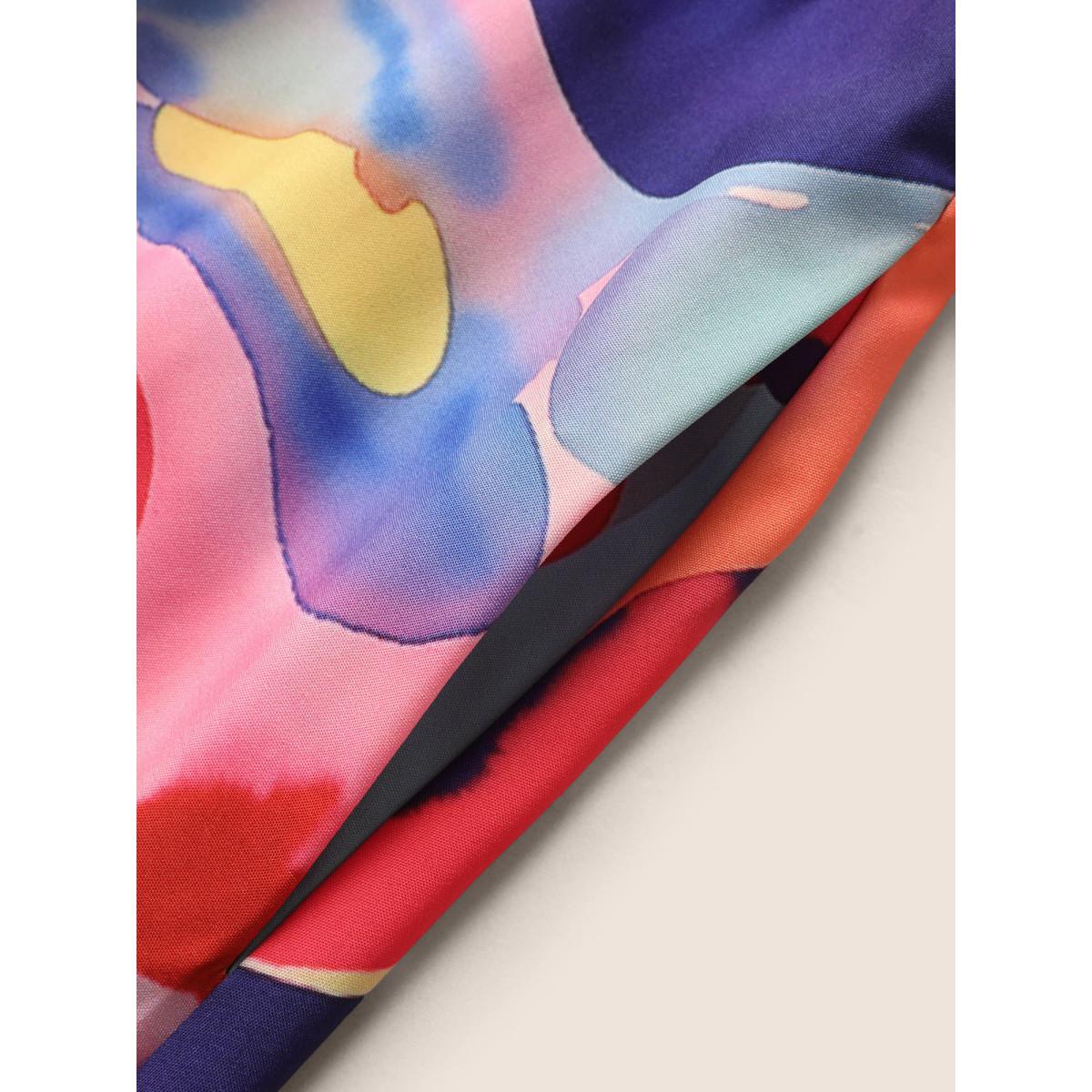 Plus Size Square Neck Watercolor Floral Shirred Cami Dress Peach Women Elegant Shirred Square Neck Sleeveless Curvy BloomChic 26/4X Product Image