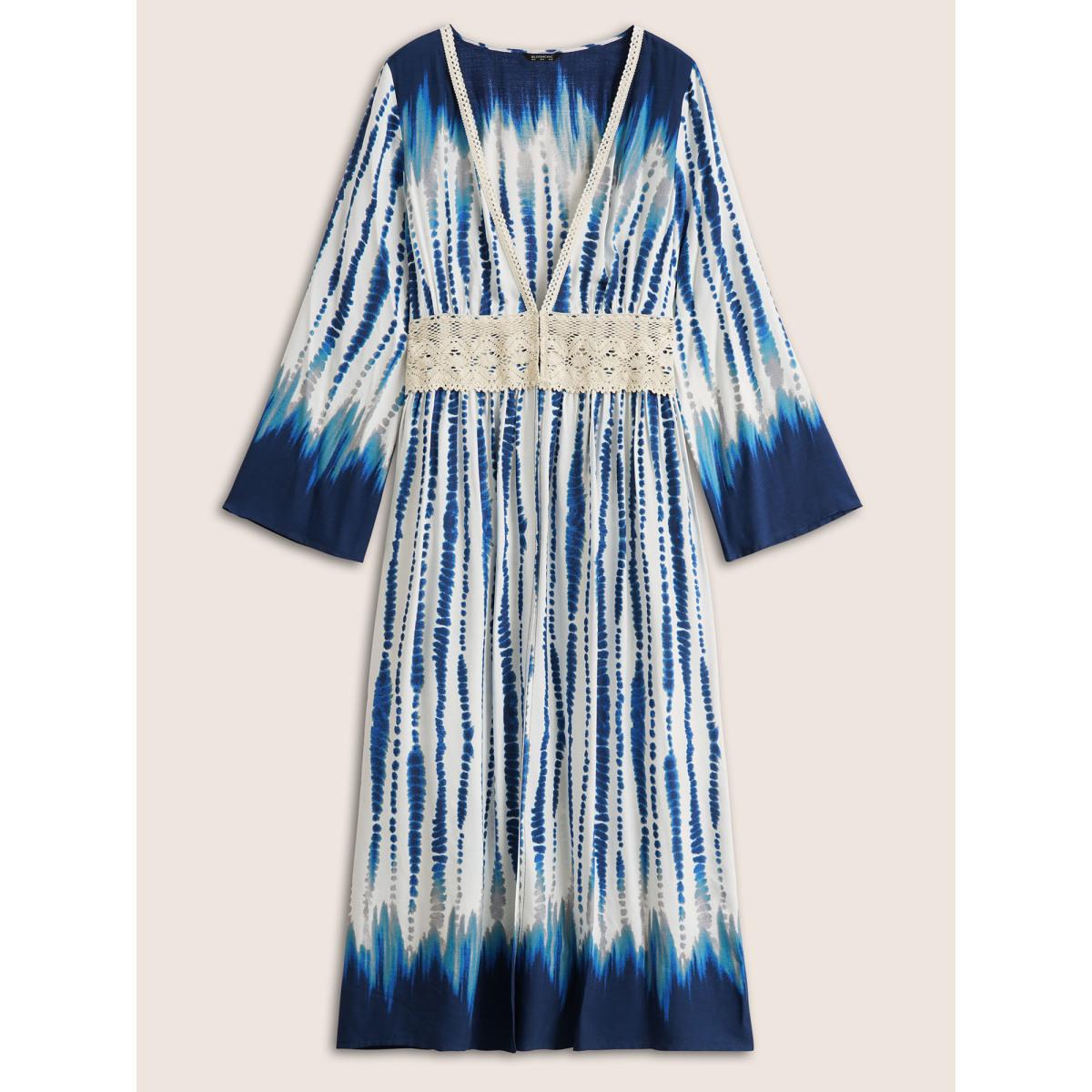 Plus Size Tie Dye Guipure Lace Waist Trim Kimono Women Blue Resort Tie Dye Vacation Kimonos BloomChic 30/6X Product Image