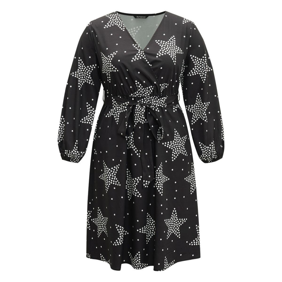 Plus Size Star Print Wrap Belted Lantern Sleeve Dress Black Women Casual Elastic cuffs V-neck Long Sleeve Curvy Midi Dress BloomChic 30/6X Product Image