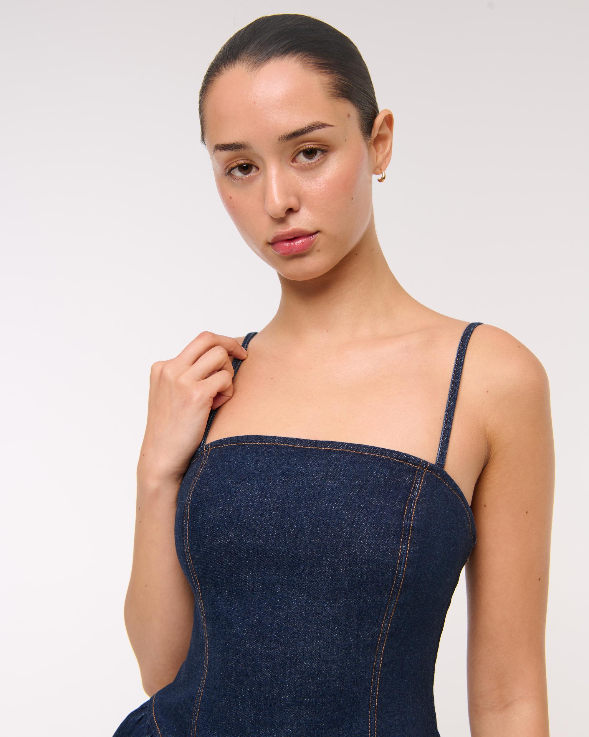 Dipped-Waist Denim Crossback Mini Dress Product Image