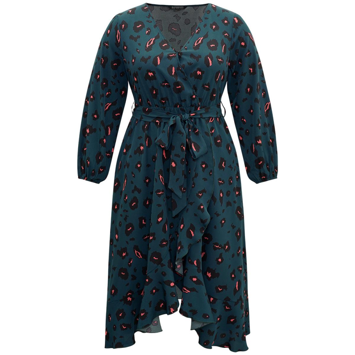 Plus Size Allover Print Surplice Neck Flutter Trim Dress DarkSlateGray Women Elegant Elastic cuffs V-neck Long Sleeve Curvy Midi Dress BloomChic 18-20/2X Product Image